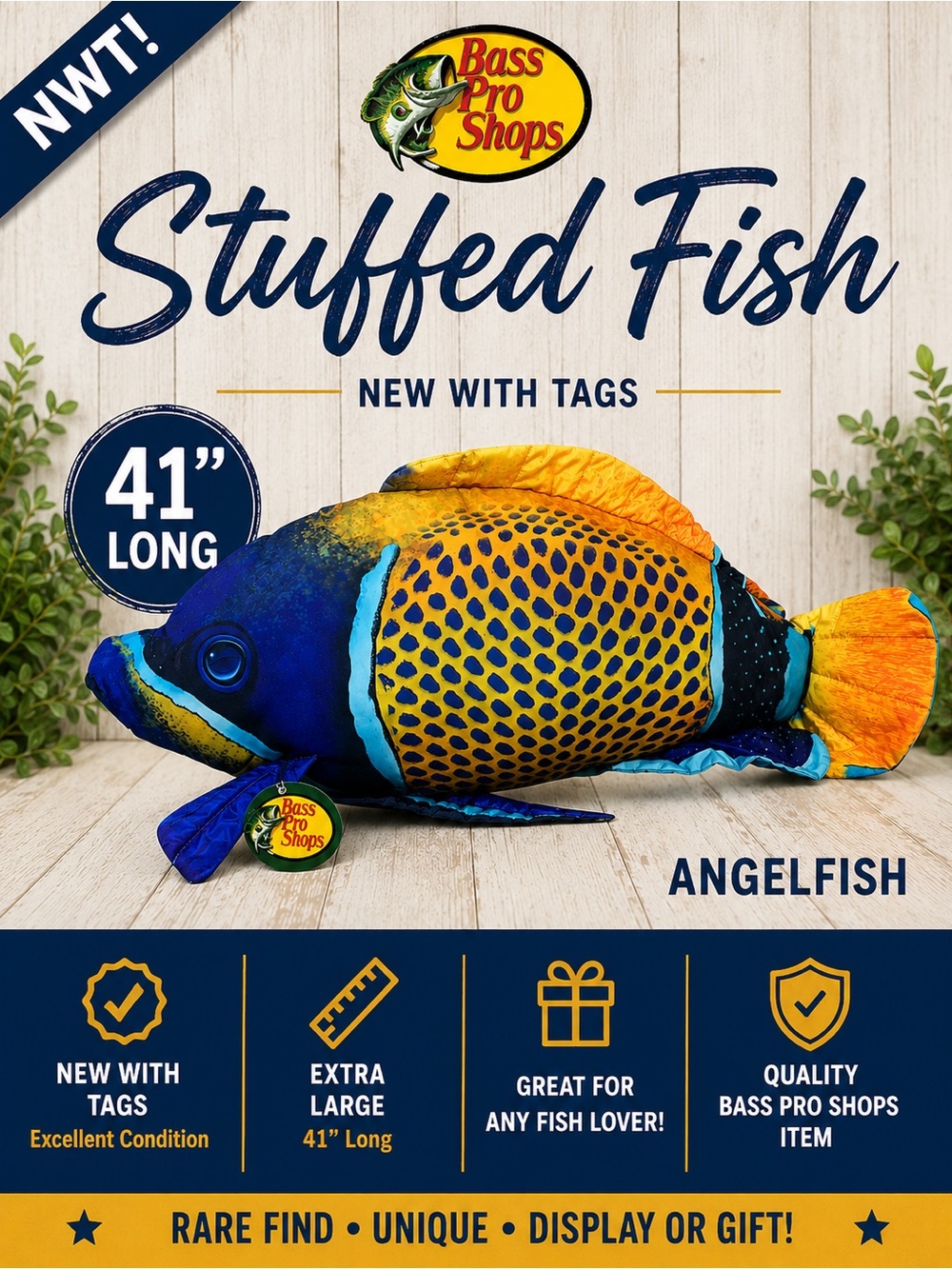 Bass Pro Vintage 41" Giant Angelfish Stuffed Fish Plush NWT Rare XL Decor Gift